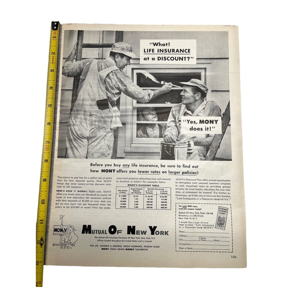 1958 Vintage Print Ad Mutual of New York Life Insurance Home Painters MONY
